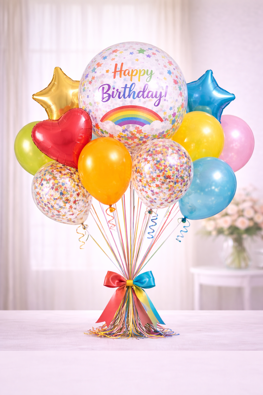 Blessed & Celebrated Balloon Bouquet (Happy Birthday 10 Balloons (rainbow/gold) STANDARD