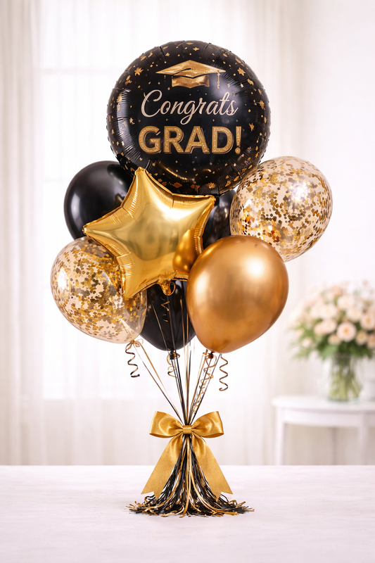 Petite Celebration Bouquet  (Graduation 5 Balloons black/gold)