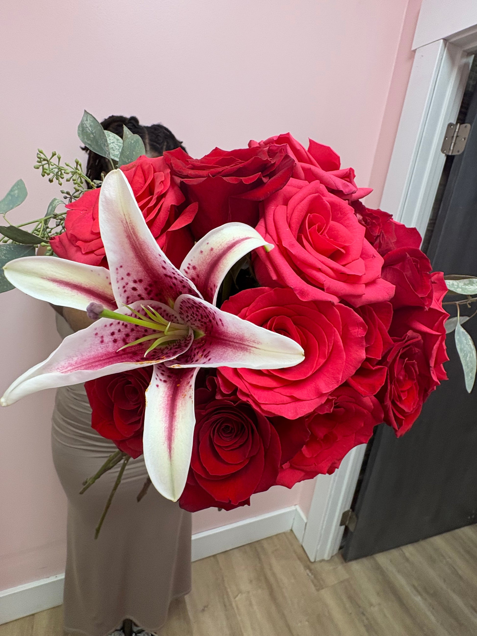 white lily and red rose bridal bouquet Wife's Day Special